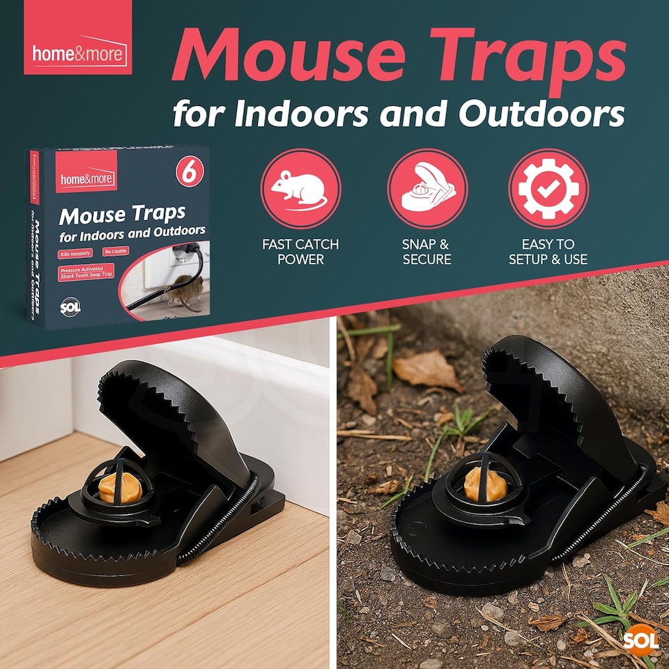 image 1 of 6pk Mouse Traps Indoor & Outdoor – Reusable Snap Traps with Shark Tooth Design, Instant Kill Mice Catchers, Durable & Safe