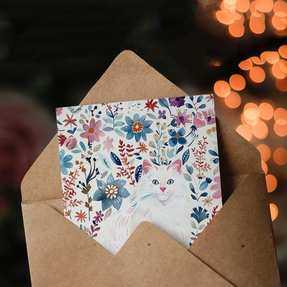 image 1 of Greeting Card Turkish Angora and Floral Pattern White Cat Lover