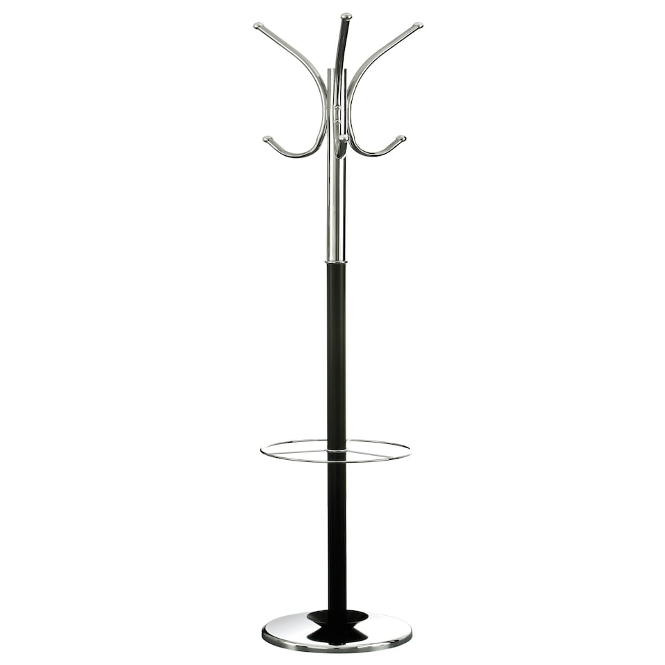 image 1 of Interiors by Premier Black and Chrome Floor Standing Coat Stand, 12 Curved Hooks at 3 Heights, Wide Round Base for Stability, Black | One Size
