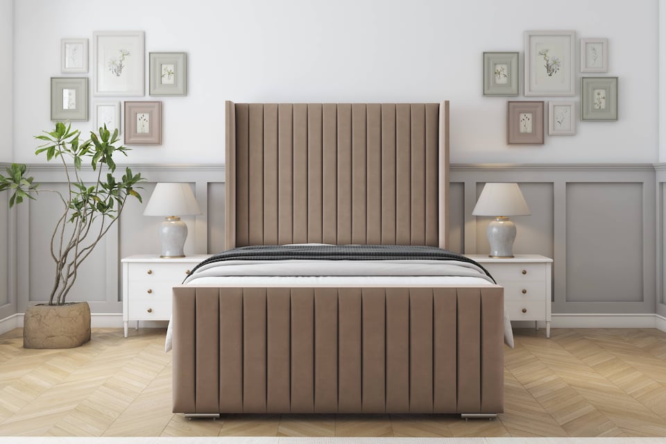 image 1 of Sloomy Marlborough Mink Plush Bed Frame With Mattress With 50"  Upholstered Wingback Headboard 5' King