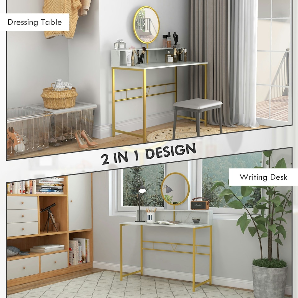 image 1 of HOMCOM Dressing Table Vanity Makeup Desk W/ Faux Marble and Steel Frame White