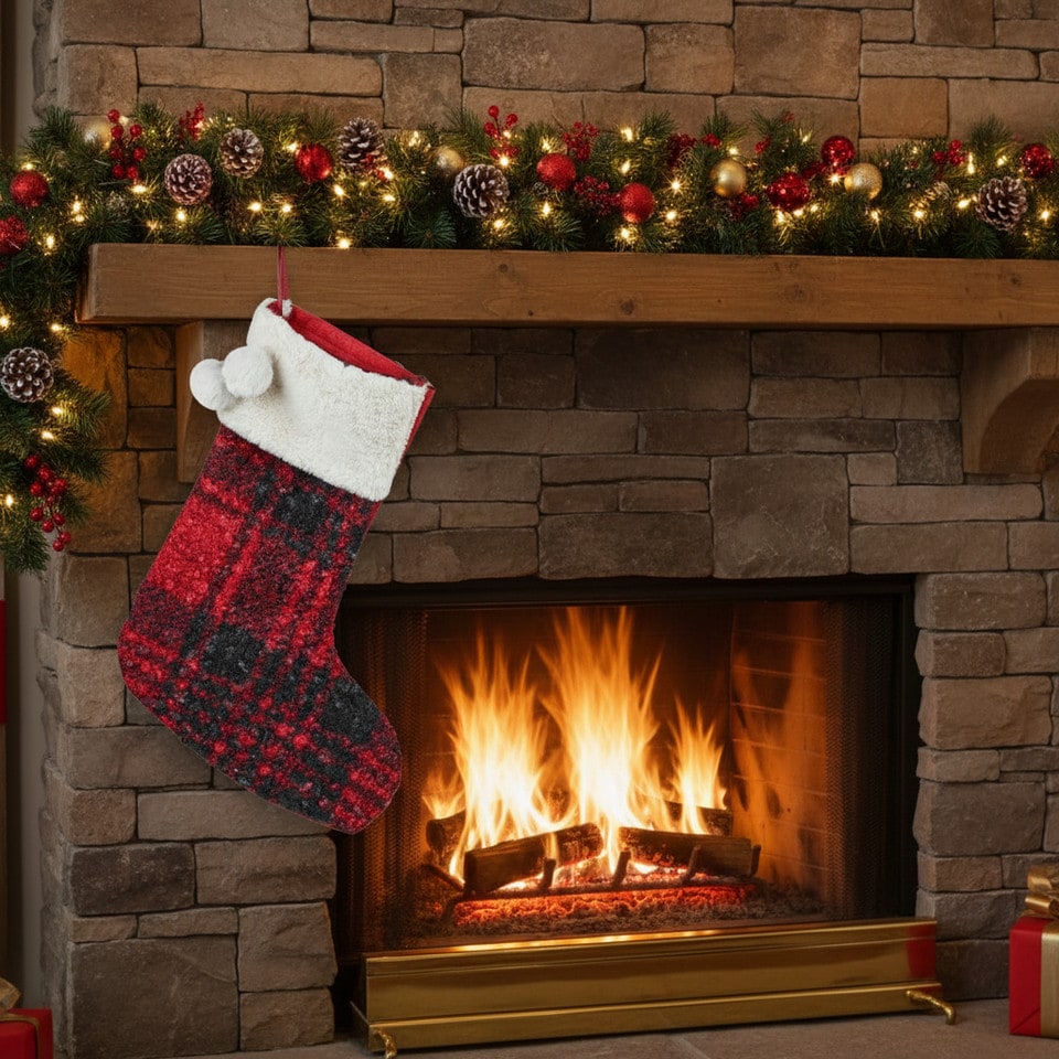 image 1 of 40cm Luxury Red Black Tartan Christmas Stocking Hanging Sock Sack Xmas Gift Faux
