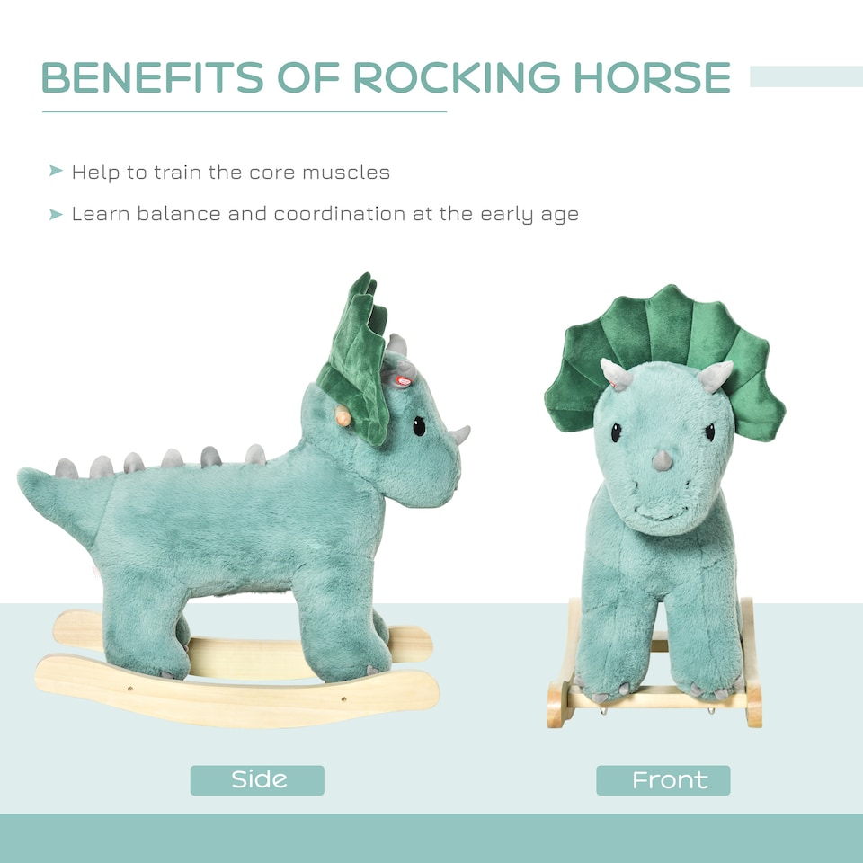 image 1 of HOMCOM Kids Toddler Rocking Horse Plush Ride On Triceratops Rocker Wooden Base With Sound for 3-6 Years Green
