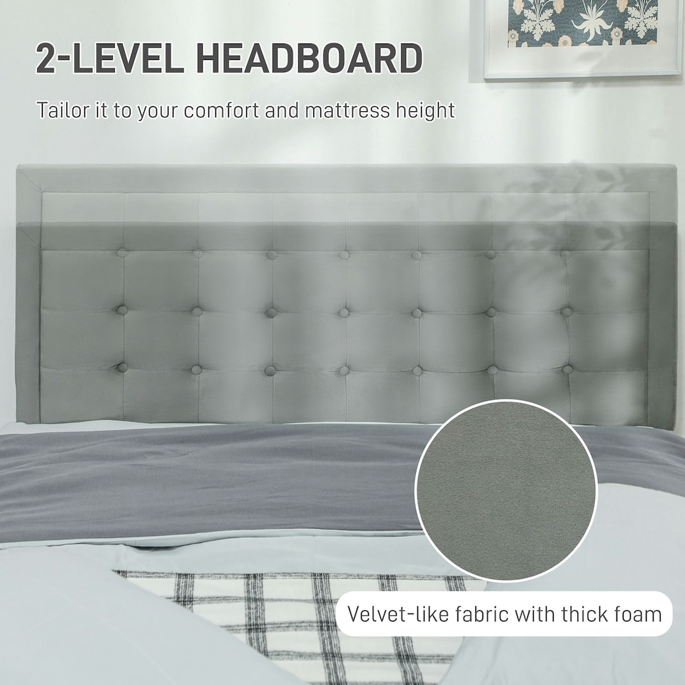 image 1 of HOMCOM Double Bed Frame with Storage and Adjustable Velvet Headboard, Grey