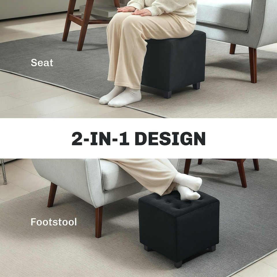 image 1 of HOMCOM Square Footstool Small Ottoman with Wood Legs for Bedroom Grey | Dark Grey