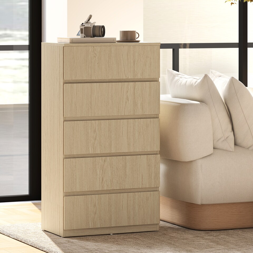 image 1 of HOMCOM Bedroom Chest of Drawers, 5 Drawers Dresser, Drawer Unit | Brown | Natural Wood | 55W x 34D x 100H cm
