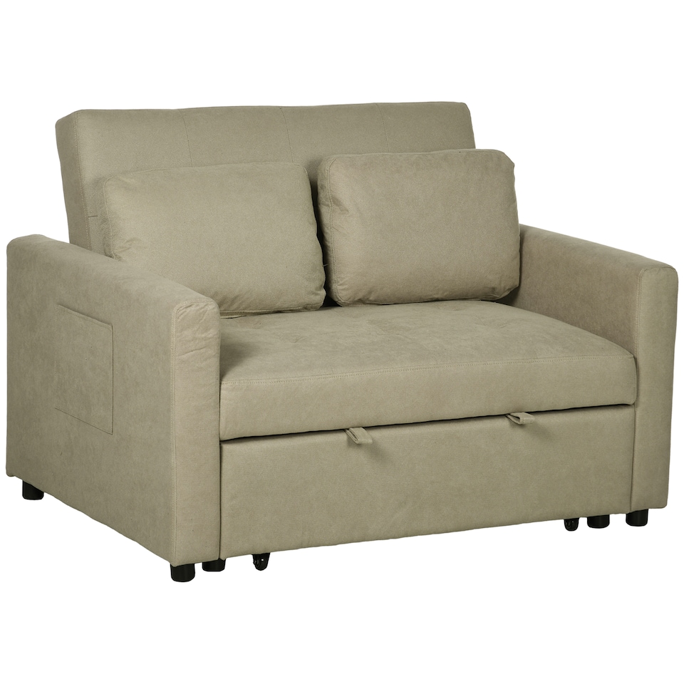 image 1 of HOMCOM 2 Seater Sofa Bed, 120 cm Convertible Bed Settee, Modern Fabric Loveseat Sofa Couch with 2 Cushions, Side Pockets for Living Room, Guest Room, Light Brown