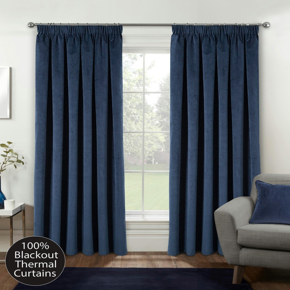 image 1 of Oxford Navy Velvet Curtains 66 x 72 inch (168 x 183 cm) 100% Blackout Pencil Pleat Thermal Noise Reducing Curtains for Bedroom and Living Room