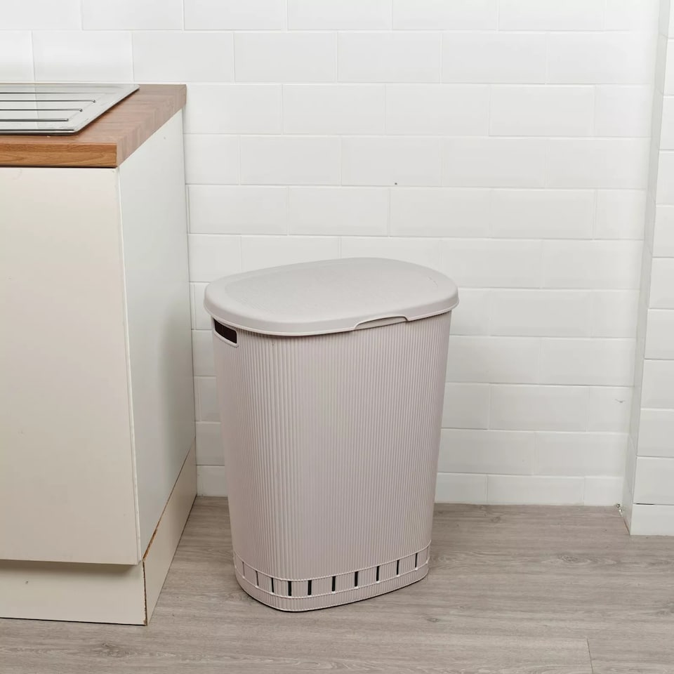 image 1 of 65L Laundry Basket Dirty Washing Clothes Linen Bin Basket with Line Design & Lid | Pink | Pink Powder