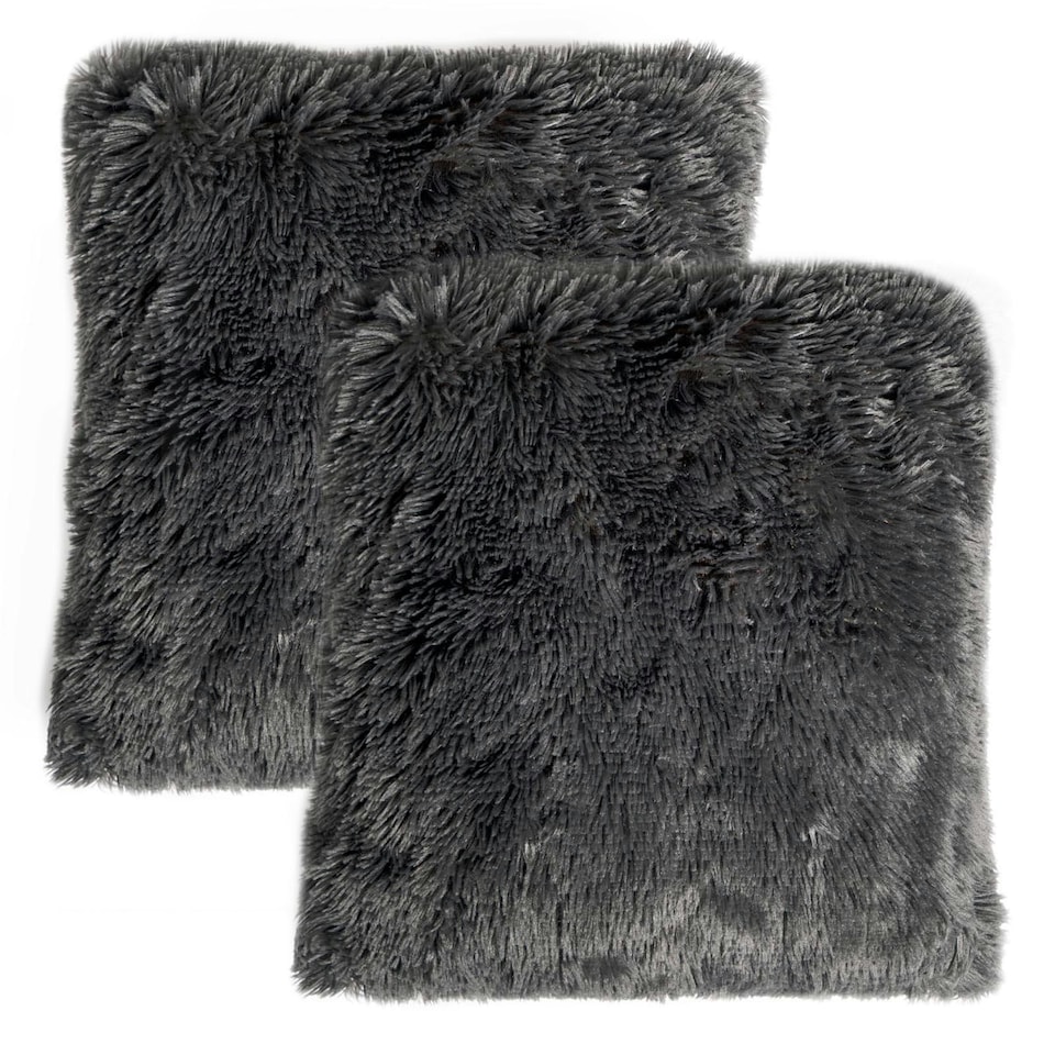 image 1 of OHS 2 x Fluffy Shaggy Soft Plush Cushion Covers, 45x45cm - Charcoal