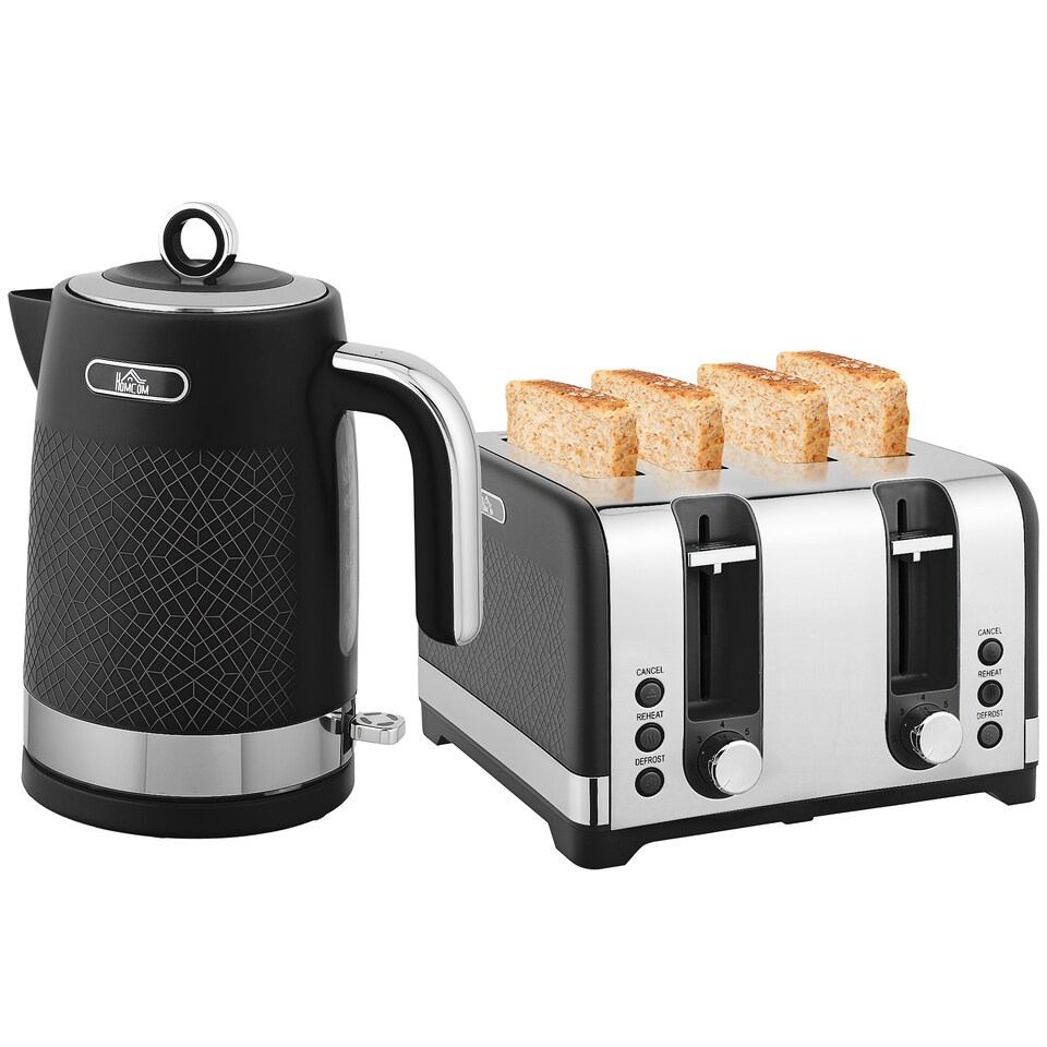 image 1 of HOMCOM Kettle and Toaster Set, 1.7L 3000W Rapid Boil Jug Kettle with Otter Thermostat, Limescale Filter, 4 Slice Toaster with 7 Browning Controls, Crumb Tray, Black | Black