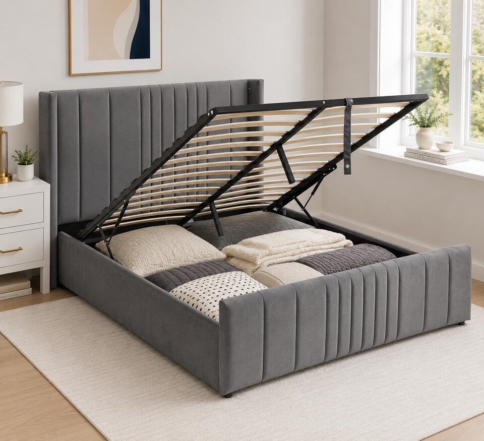 image 1 of Langford Velvet Upholstered Ottoman Storage Bed Frame Gas Lift  Single Double King Super King