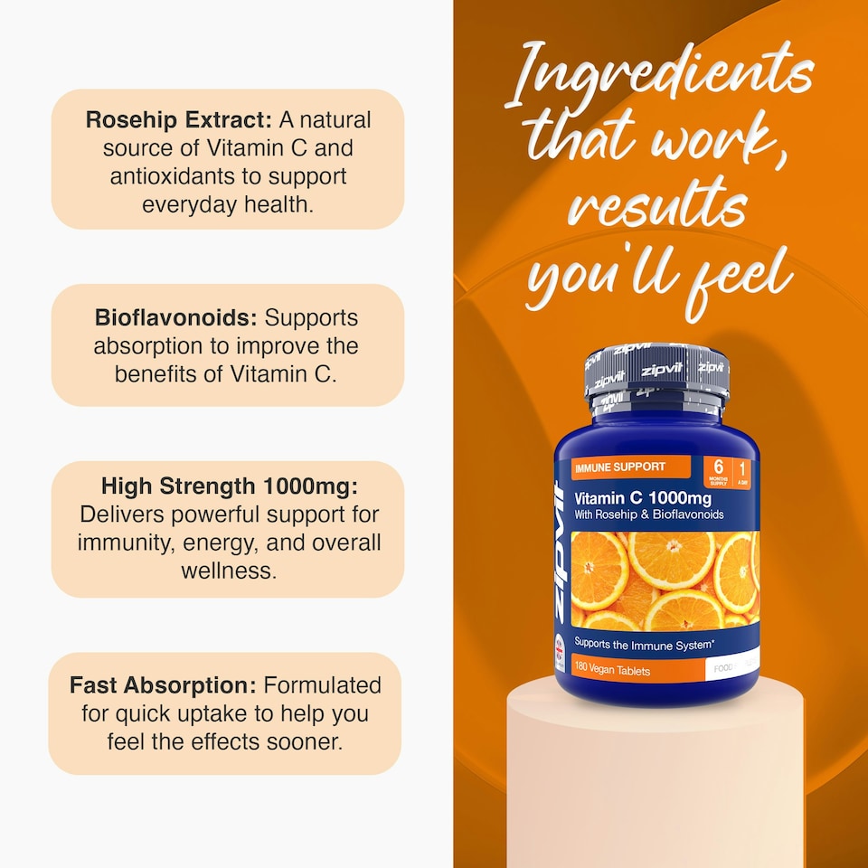 image 1 of Zipvit Vitamin C 1000mg with Rosehip & Bioflavonoids, Immune, Energy & Collagen Support, 180 Vegan Tablets, 6-Month Supply