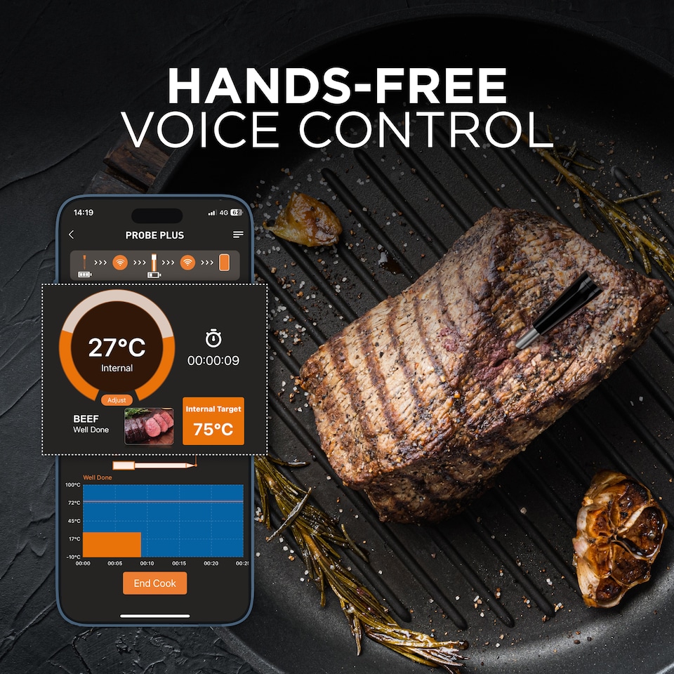 image 1 of DMD Wireless Meat Thermometer with Temperature Alarm, 100m Long Bluetooth Range,