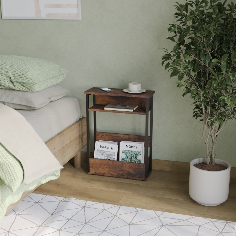 image 1 of 3 Tier Slim Coffee Side Table Newspaper Magazine Shelf Rack Bedside Sofa End | Bronze | Rustic Brown | H-62.5cm | 1