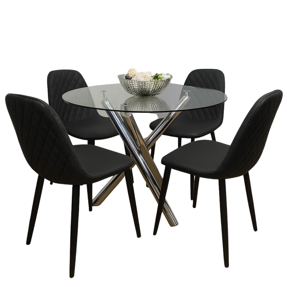 image 1 of Round Clear Glass Dining Table with Chrome Metal Legs and 4 Black Faux Leather Chairs, Modern Dining Set