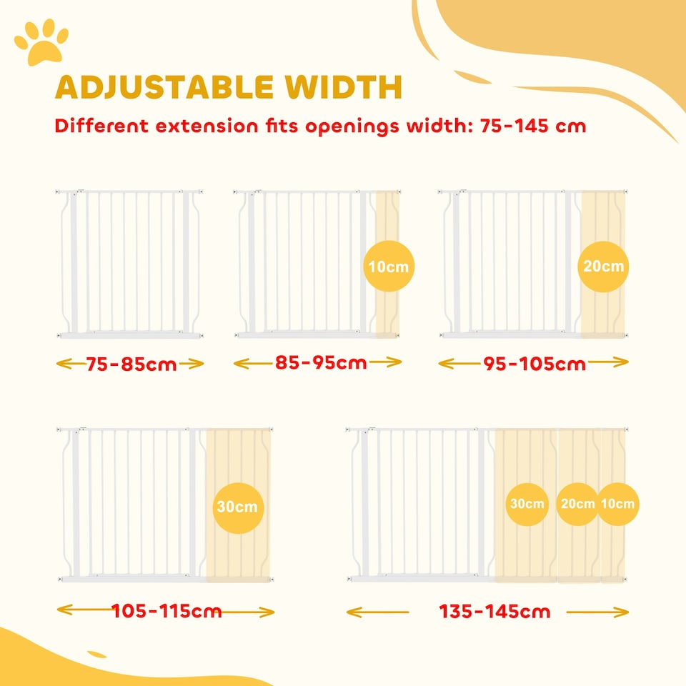 image 1 of PawHut Dog Gate Wide Stair Gate w/ Door Pressure Fit, 75-145W cm, White
