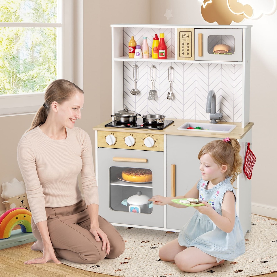 image 1 of COSTWAY Kids Kitchen Playset Pretend Play Kitchen Set with Sounds-White
