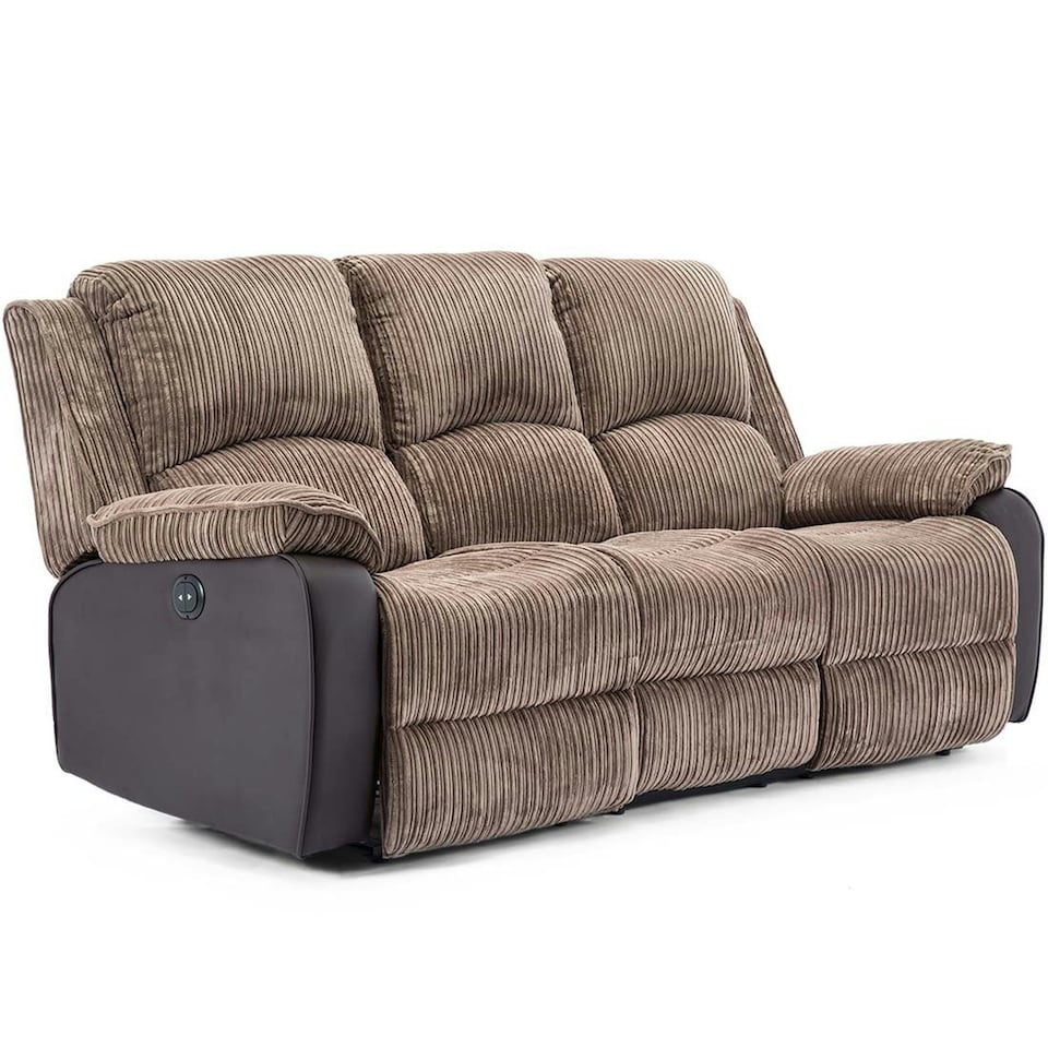image 1 of Postana 3 Seater Electric High Back Jumbo Cord Fabric Recliner Sofa (Brown)