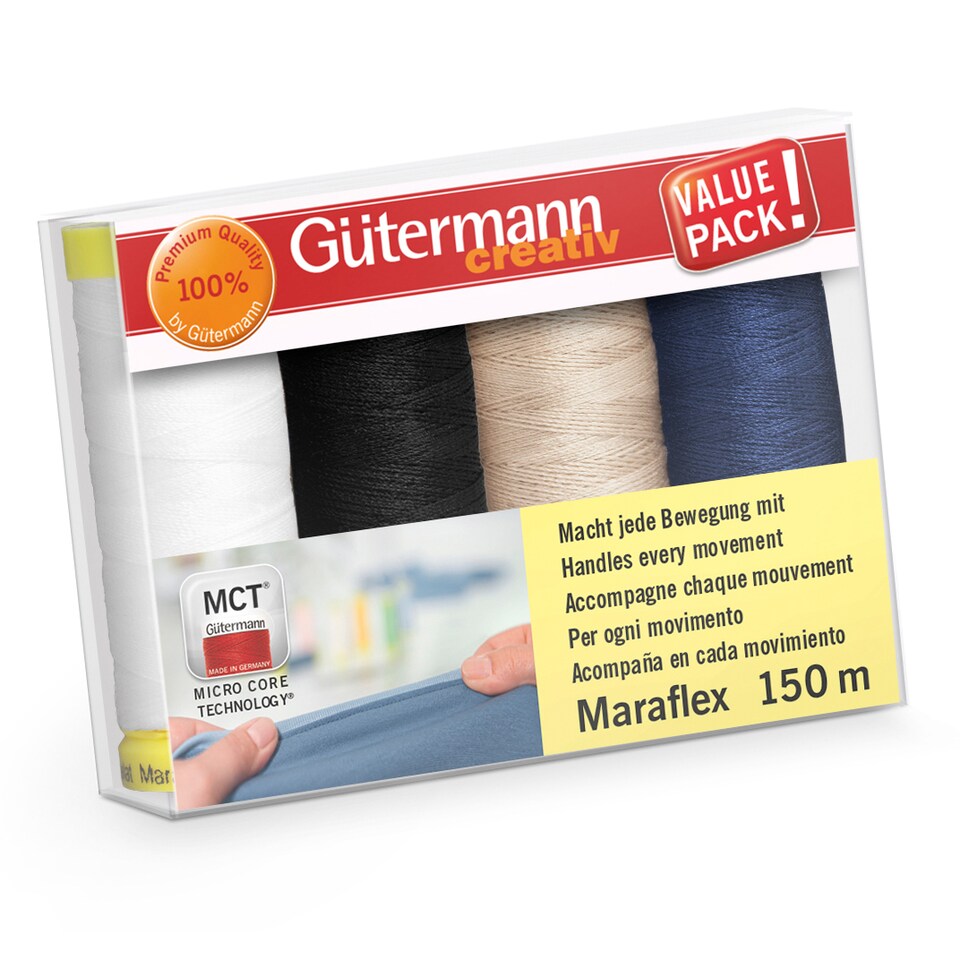 Gutermann Maraflex Thread Set - 4x150m Basics, Elastic Thread for Stretch Seams on Household Machines