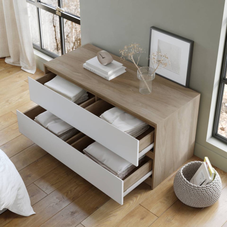 image 1 of URBNLIVING 4 Drawer Wide Chest Of Drawers Bedroom Storage Unit | Multi | Oak Carcass + White Drawers