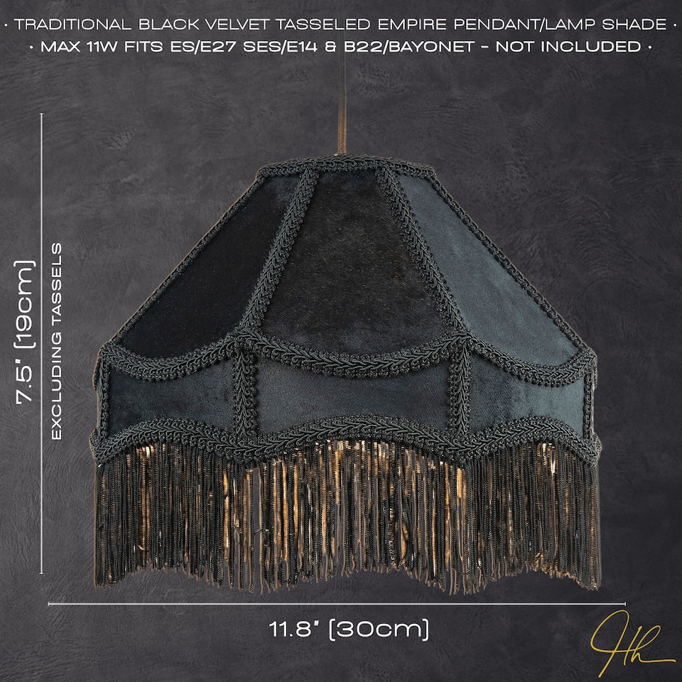 image 1 of Traditional Victorian Empire Lamp Shade in Jet Black Velvet with Long Tassels | Black