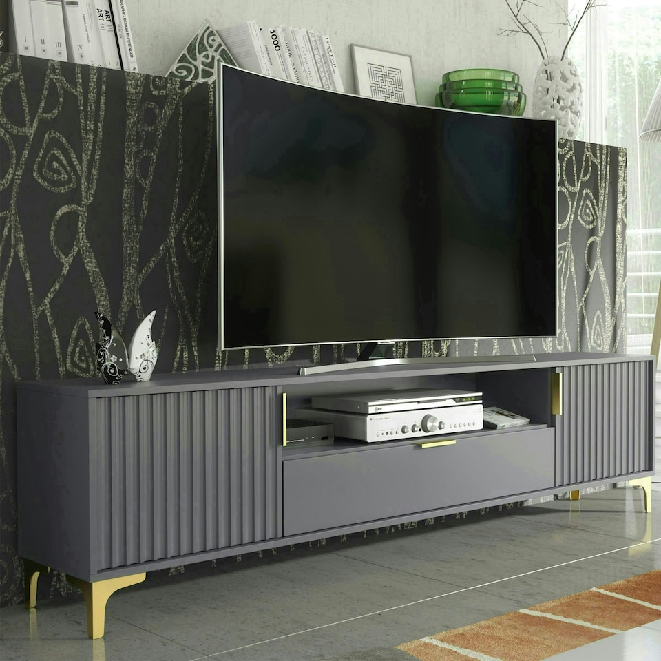 image 1 of TV Unit 200cm Grey with Fluted Doors, Gold Handles and Central Drawer | Grey | One Size | 1