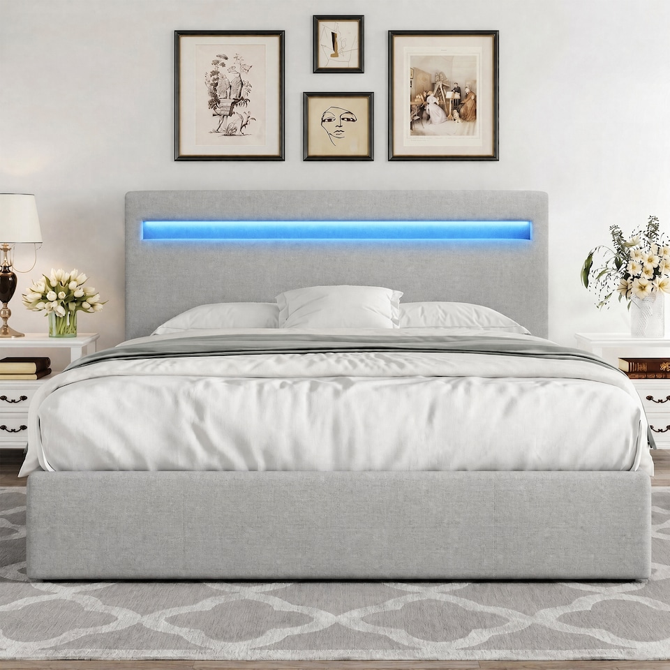 image 1 of 4ft6 Double Modern Gas Lift Ottoman Bed Frame with LED In Light Grey