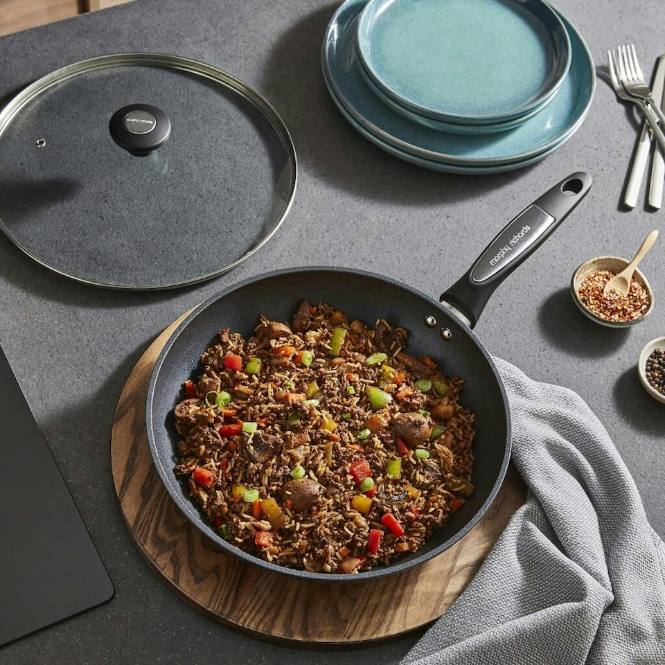 image 1 of Morphy Richards 28cm Forged Aluminium Lidded Frying Pan - Black