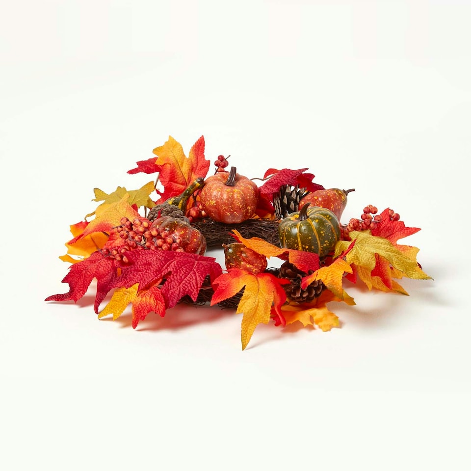 image 1 of Homescapes Orange Autumn Wreath with Pumpkins