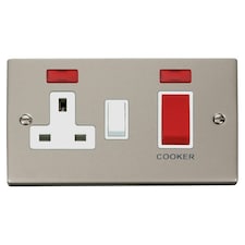 SE HOME Pearl Nickel Cooker Control 45A With 13A Switched Plug Socket & 2 Neons White | Pearl Nickel