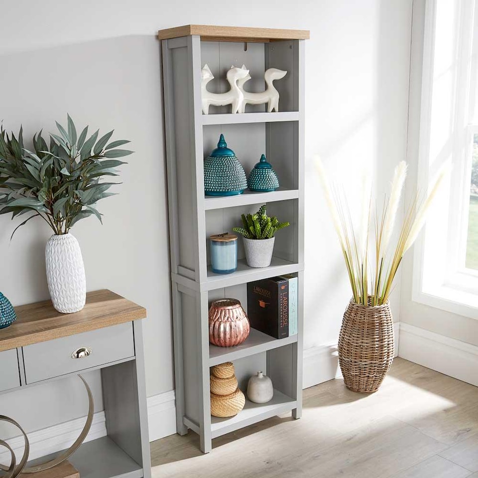 image 1 of Grey Oak Tall Bookcase Display Unit 5 Bookshelves DVD Storage Two Tone