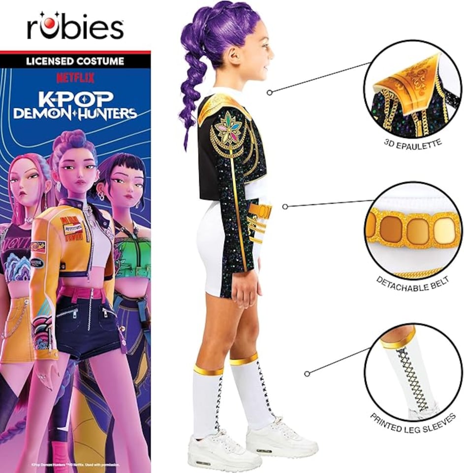 image 1 of Rubie's Official Netflix K-Pop Demon Hunters Deluxe Rumi Costume | Sequin Top & Shorts with Printed Design | Girls Fancy Dress | Officially Licensed Golden Child Halloween Costume | Kids Sizes