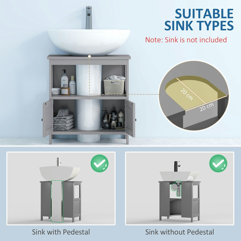 image 1 of kleankin Bathroom Pedestal Under Sink Cabinet with Storage Shelves, Door, Grey Grey | Grey