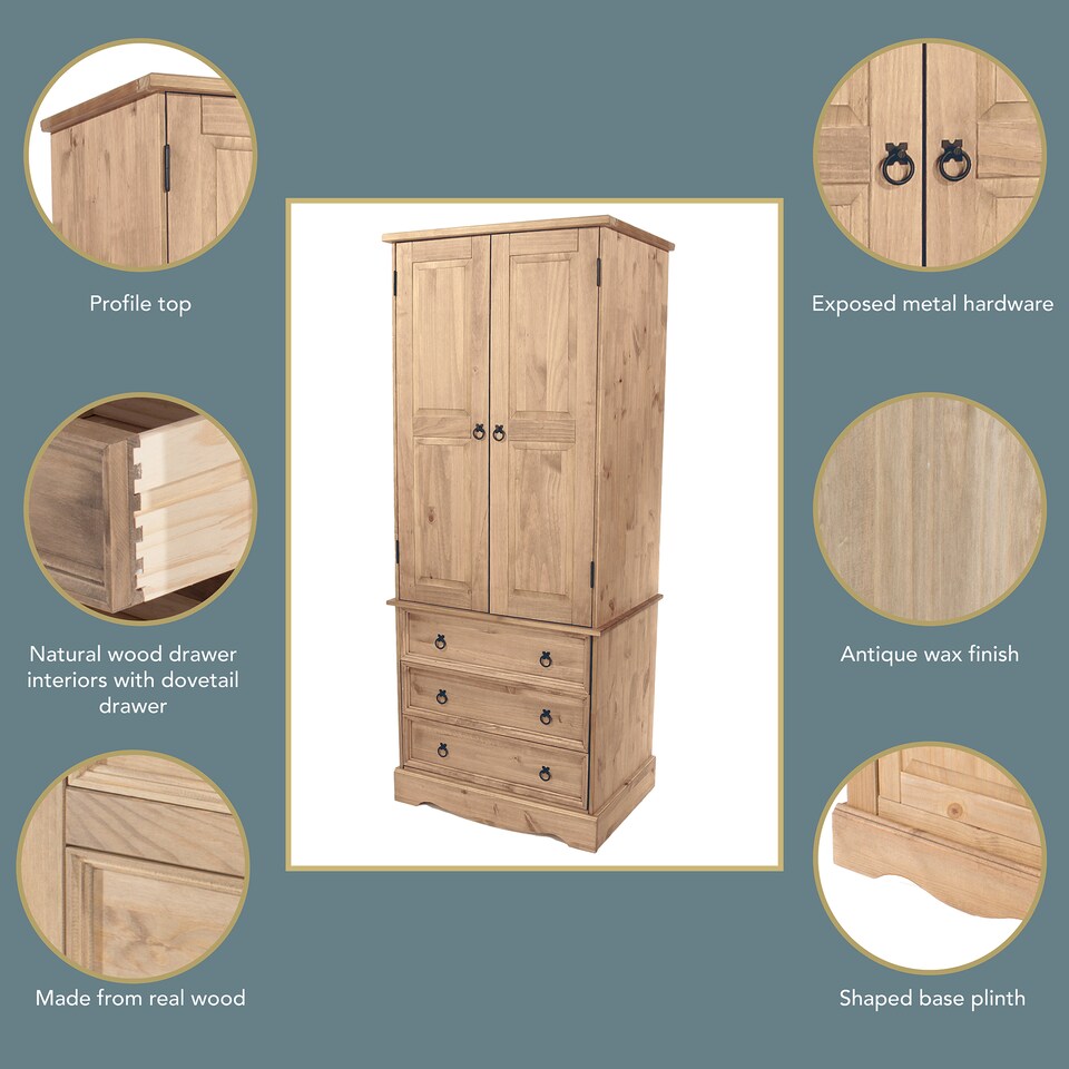 image 1 of Corona 2-Door 3-Drawer Wardrobe - Pine Wardrobe with Hanging Rail and Versatile Storage | Brown | Brown | One Size | 1