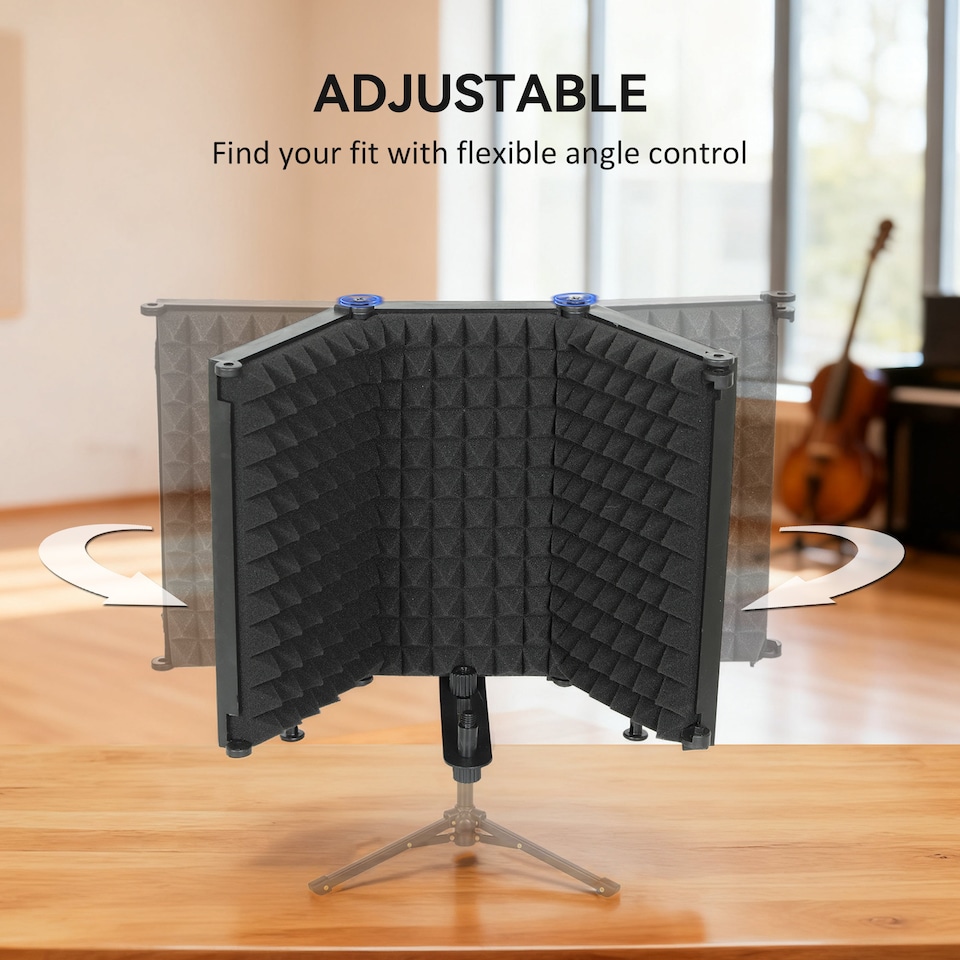image 1 of HOMCOM Studio Microphone Isolation Shield, Foldable Adjustable Recording Studio Equipment, 3-Panel High Density Absorbent Foam Shield with Threaded Mount, Black