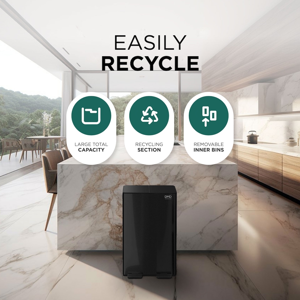 image 1 of 60L Stainless Steel Rubbish Bin, 2 x 30L Removable Recycling Bins & 3L Compost Bin Included