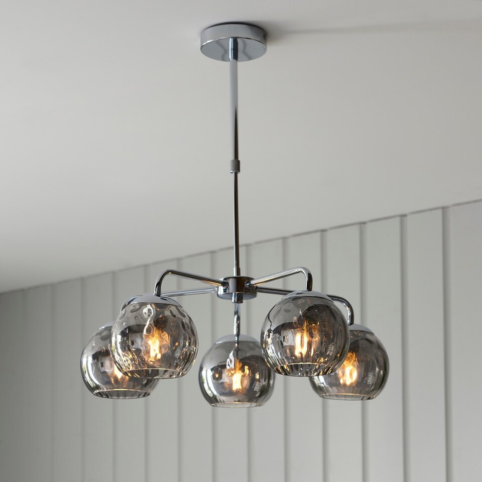 image 1 of Dimple Multi Arm Glass Pendant Ceiling Lamp, Chrome Plate, Smoked Mirror Glass