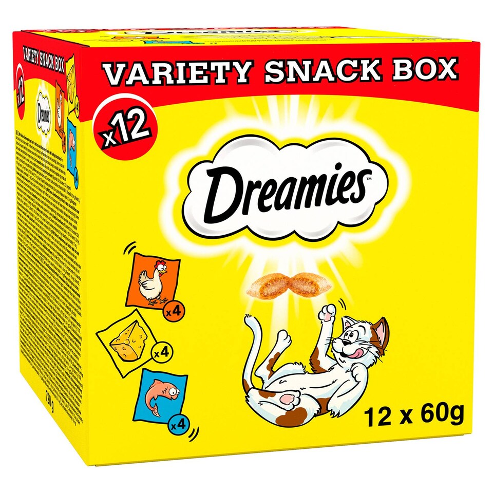 image 1 of 12 x 60g Dreamies Cat Treats Mixed Variety Snack Box Chicken Cheese & Salmon