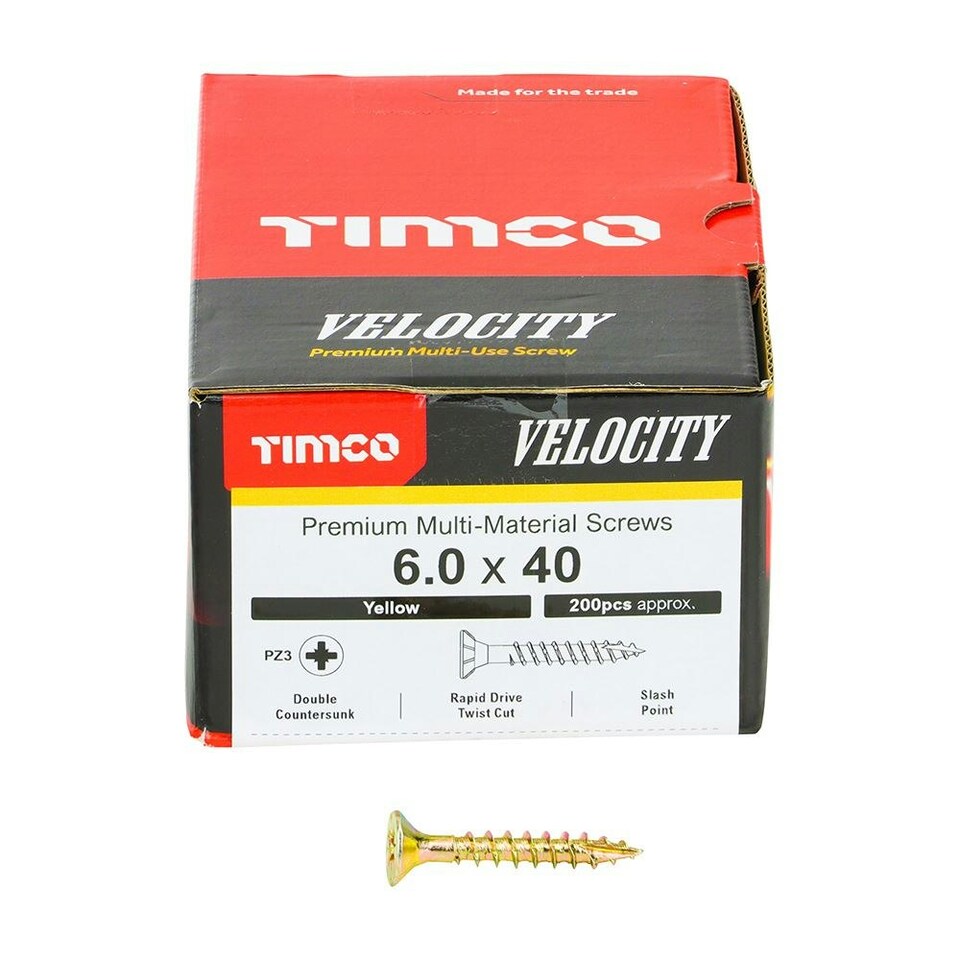 image 1 of Timco - Velocity Premium Multi-Use Screws - PZ - Double Countersunk - Yellow (Size 6.0 x 40 - 200 Pieces)