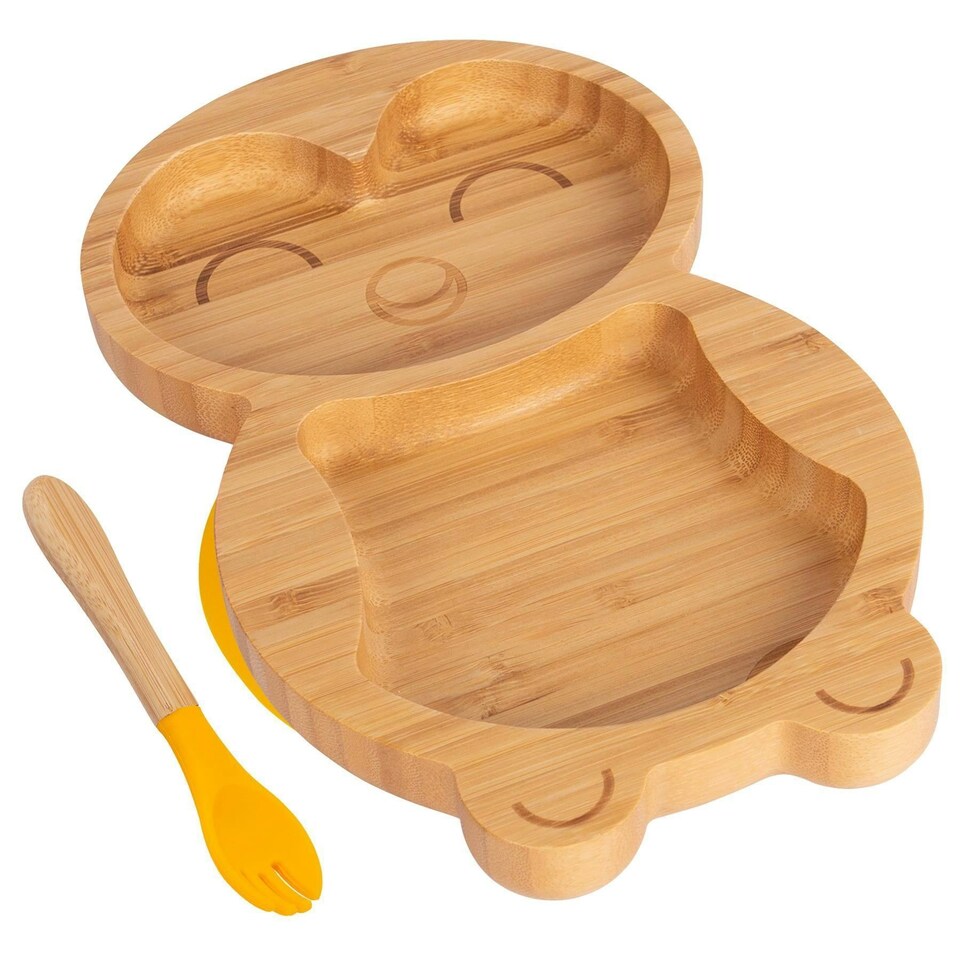 image 1 of Tiny Dining Bamboo Penguin Baby Weaning Plate & Fork Set - Yellow