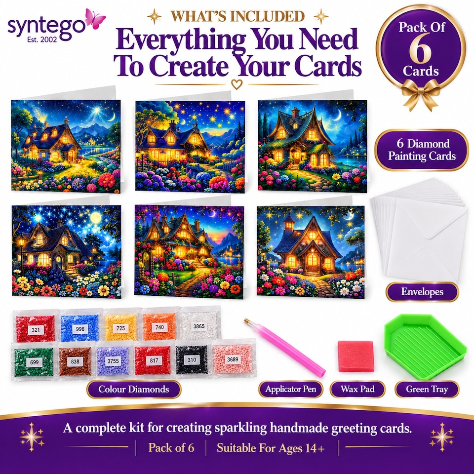 image 1 of Colourful Festive House Diamond Painting Christmas Card Kit, Pack of 6
