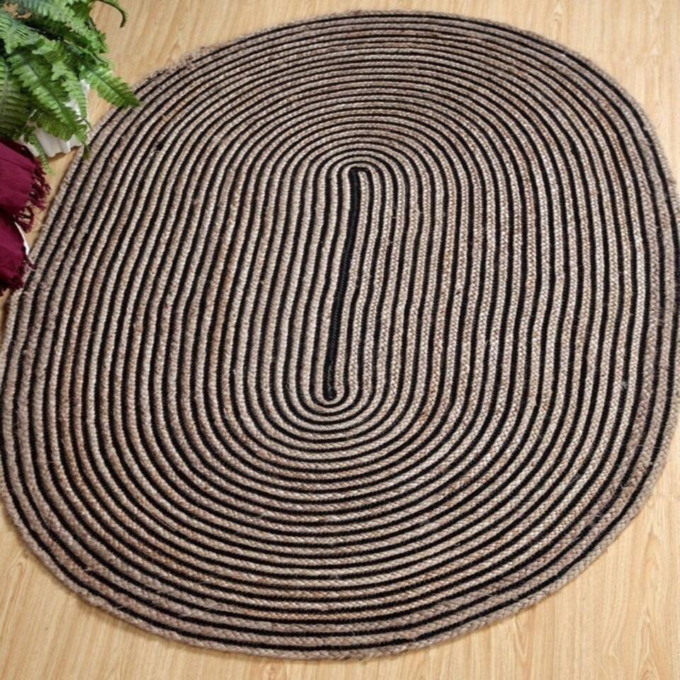 image 1 of CHAKKAR DARK Stripe Oval Beige Black Rug - Jute - L120 x W180 - Beige/Black Black