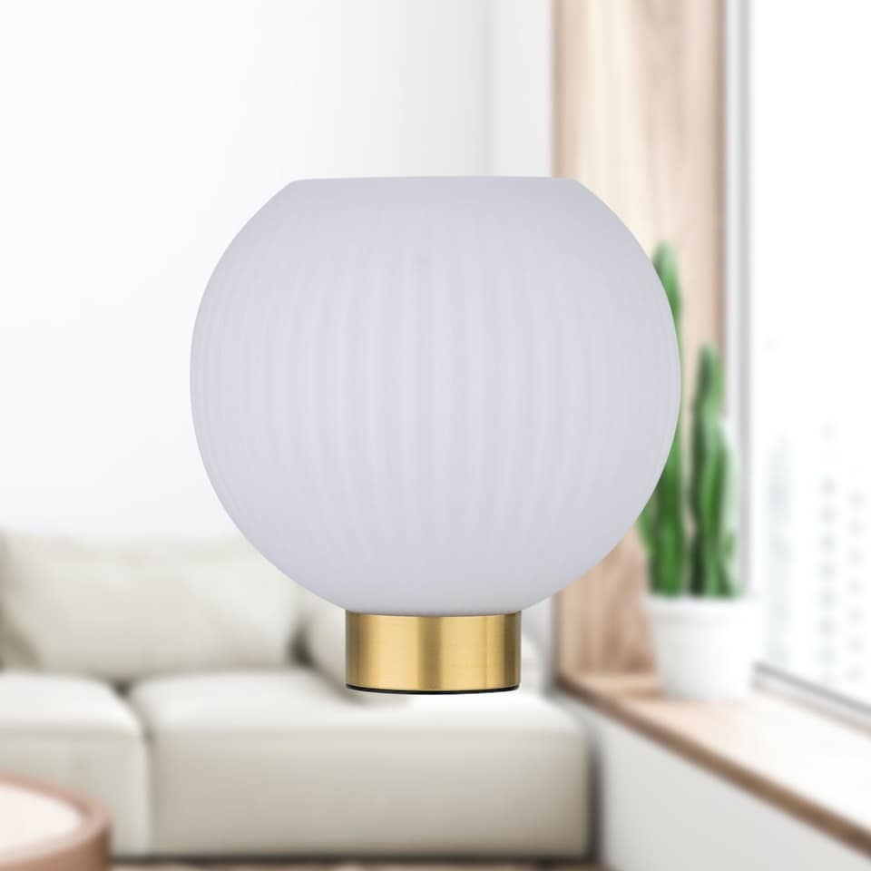 image 1 of Set of 2 Betchley - Battery Operated Satin Brass Lamp with White Glass | Gold | White | Medium | 2