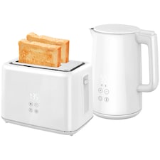 HOMCOM Digital Stainless Steel Kettle and Toaster Set, 1.5L 3000W Fast Boil Kettle, 2 Slice Toaster with 7 Level Browning Controls, Defrost, Reheat, Keep Warm, Crumb Tray and LED Touch Display, White