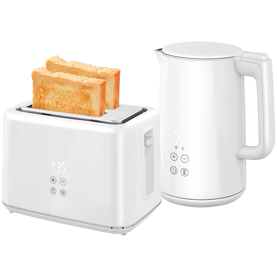 image 1 of HOMCOM Digital Stainless Steel Kettle and Toaster Set, 1.5L 3000W Fast Boil Kettle, 2 Slice Toaster with 7 Level Browning Controls, Defrost, Reheat, Keep Warm, Crumb Tray and LED Touch Display, White