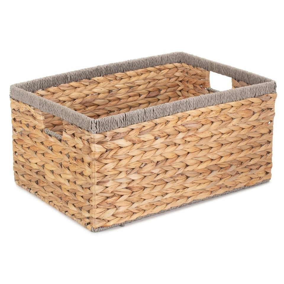 image 1 of Large Water Hyacinth With Grey Rope Border Rectangular Storage Basket | Brown | Brown