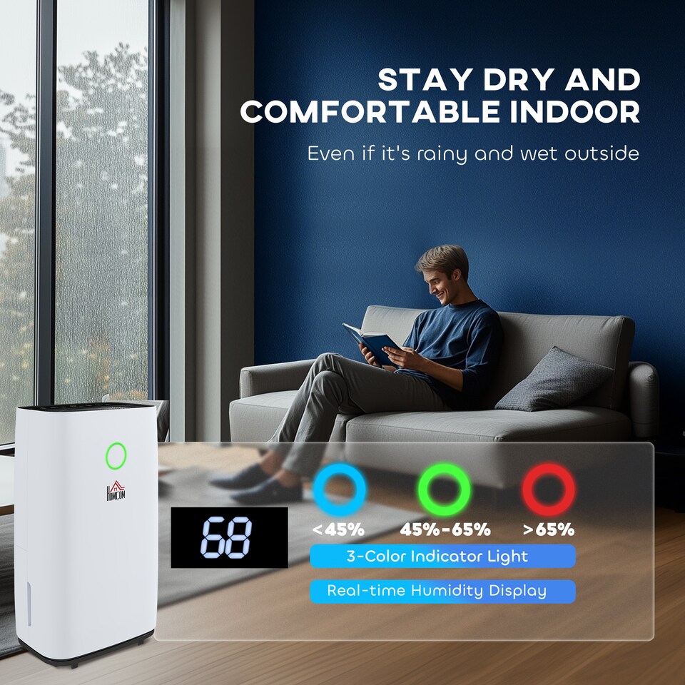 image 1 of HOMCOM 20LDay Portable Dehumidifier for Home, with LED Screen, Sleep Mode, 24H Timer, 4L Water Tank, Electric Air Dehumidifier for Damp Laundry Bedroom Basement