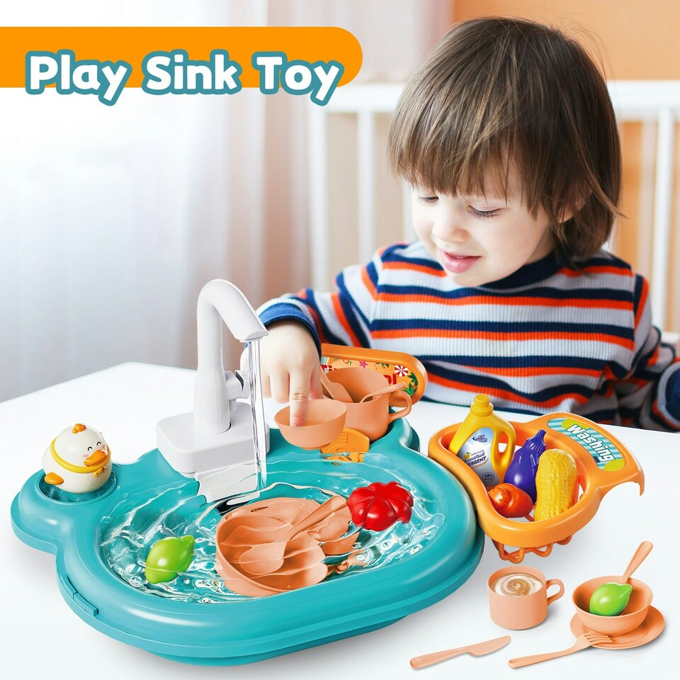image 1 of Kids Water Play Sink with Fishing Game, Slide, and Accessories