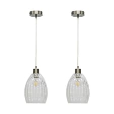 First Choice Lighting Set of 2 Birch Clear Fluted Glass with Satin Nickel Pendant Fittings Silver | Clear
